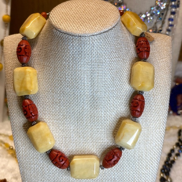 Vintage Jade and Cinnabar on Sterling Silver 16”...